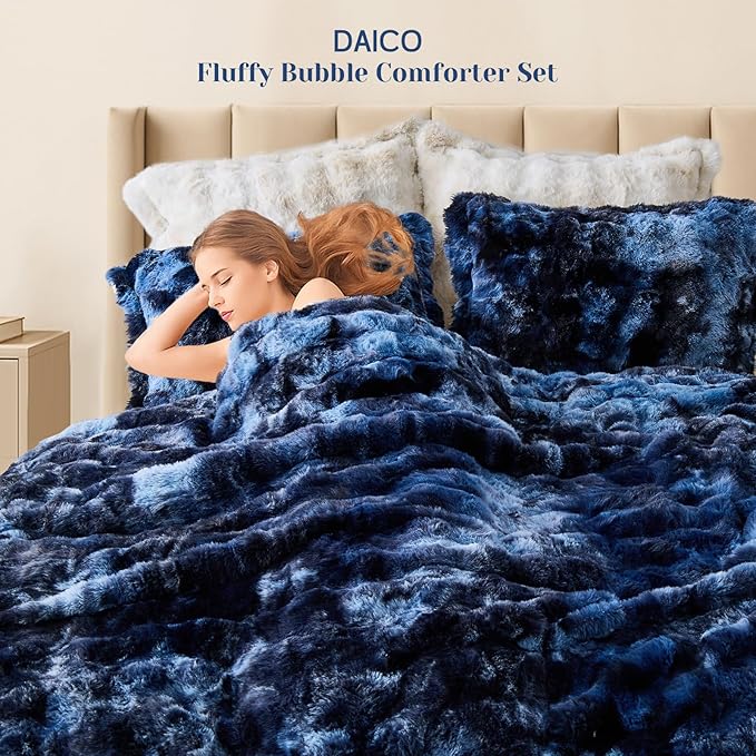 DAICO 3 Pieces Fluffy Faux Rabbit Fur Comforter Set Queen Size Tie Dyed Navy Plush Fuzzy Bubble Comforter Bedding Set Warm Cozy Bedding Comforter Sets for Winter, 1 Comforter and 2 Pillowcases