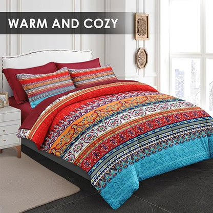 Comforter Set Queen Size, Vintage Paisley Leaf Floral 7 Pcs Bedding for Kids and Adults, Ethnic Geometric Flower Bed Sheet Sets with Fitted Sheet 2 Pillowcases & 2 Shams