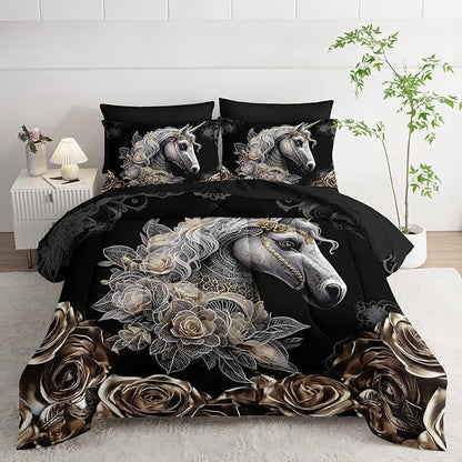7 Piece King Size Horse Comforter Set with Sheets，King Horse Bedding Sets for Girls (1 Comforter, 1 Flat Sheet, 1 Fitted Sheet, 2 Pillowcase and 2 Pillow Sham)