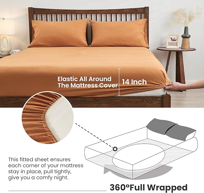 Simple&Opulence Belgian Linen Sheet Set Solid Color - 4 Pieces (1 Flat Sheet, 1 Fitted Sheet & 2 Pillowcases) Natural Flax Cotton Blend Soft Breathable Farmhouse Bedding - Full Size, Rust