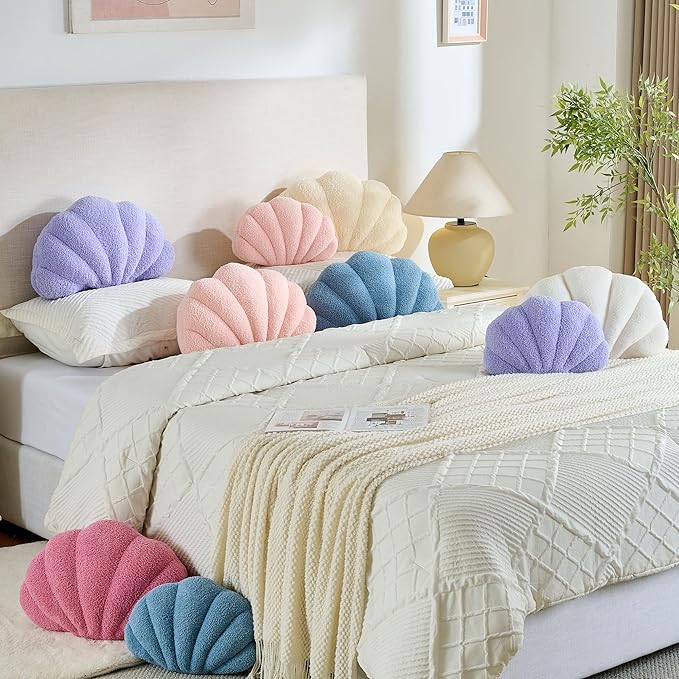 Shell Pillow Seashell Decorative Pillow Pink Beachy Coastal Shell Shaped Throw Pillows 13x10 Inch Soft Ocean Beach Sea Shell Plush Pillows Cushion for Bed Couch Living Sofa Room Decor