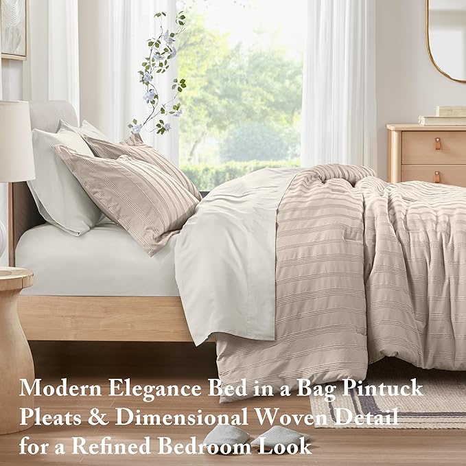 Madison Park Essentials Striped Comforter Set Queen, 7 Pieces Modern Minimalist Jacquard Bedding Set for All Season, Bed in A Bag with Sheet Set and Soft Brushed Reverse, Lightweight Neutral