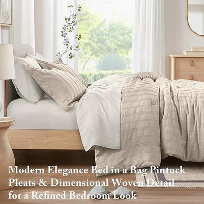 Madison Park Essentials Striped Comforter Set King, 7 Pieces Modern Minimalist Jacquard Bedding Set for All Season, Bed in A Bag with Sheet Set and Soft Brushed Reverse, Lightweight Neutral