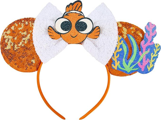 Mouse Ear Headbands, Sparkle Mouse Ears for Women Girls Adult Kids, Cartoon Sequin Headband Park Ears Trips Cosplay Costumes Accessories (Nemo)