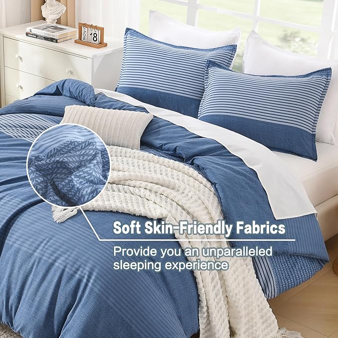 Litanika Comforter Set Twin/Twin XL Sapphire Blue - 2 Pieces Lightweight Sapphire Blue White Colorblock Stripe Fluffy Bedding Comforter Sets, All Season Bed Set