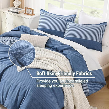 Litanika Comforter Set Queen Size Sapphire Blue - 3 Pieces Lightweight Sapphire Blue White Colorblock Stripe Fluffy Bedding Comforter Sets, All Season Bed Set