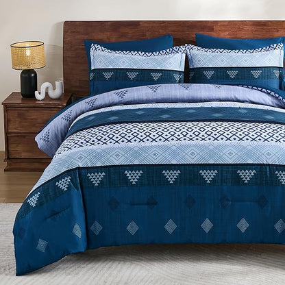 Xruibed Blue King Comforter Set 7 Pieces, Blue Boho Striped Bed in a Bag King Size Soft Microfiber All Season Bedding Set with Comforter, Sheets, Pillowcases & Shams(104"×90")