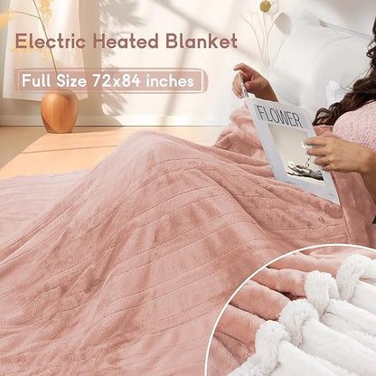 Heated Blanket Electric Blanket Full Size 72''x84'' with 9 Heating Levels, 1-10 Hour Auto Shut Off, Machine Washable, Flannel & Sherpa Soft Warming Blanket for Couch, Bed, Office - Cozy Pink