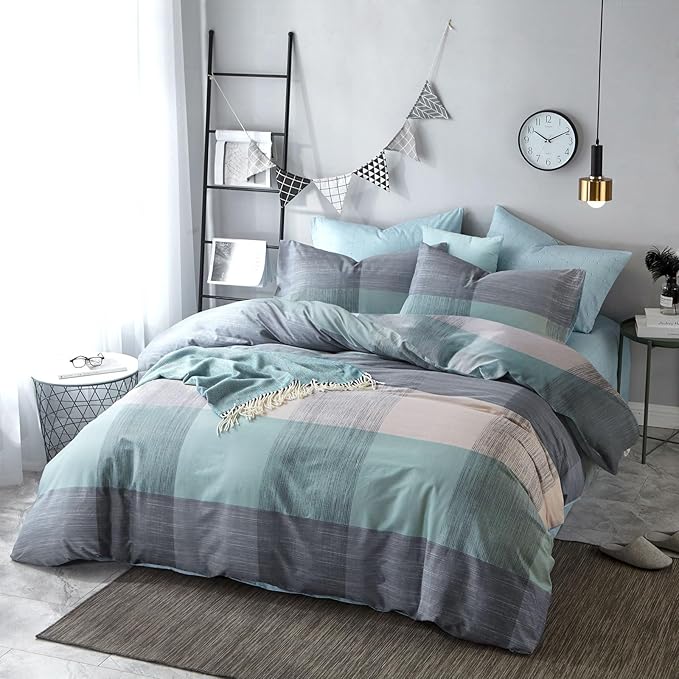 mixinni Simple Patchwork Print Comforter Set Twin XL Size Bed Fluffy Blue Mint Green Geometric Pattern Comforter for Boys Women and Men, 1 Modern Comforter and 2 Pillowcases for All Season