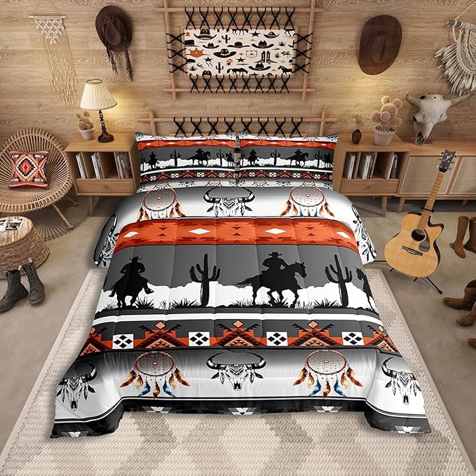 Erosebridal Twin Size Western Horse Comforter Set Longhorn Skull Dream Catcher Boho Bedding Set for Kids Boys Teens Adult Bedroom, Cowboy Aztec Quilt Southwestern Geometric Duvet Insert, Grey