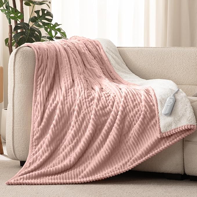Reaks Electric Heated Throw Blanket, Silky Soft Flannel & Sherpa Heating Blanket Throw with 5 Heat Levels & 3 Hours Auto Off, Warm Gifts for Women Mom Grandma, ETL Certified (50x60 inches, Pink)