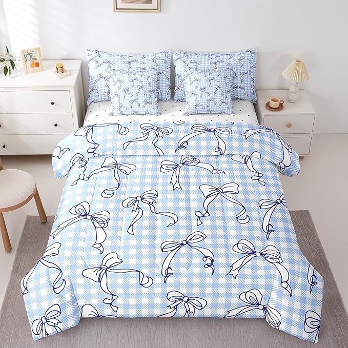 Feelyou Kawaii Bow Bedding Set for All Season Plaid Girls Bow 7 Pieces Comforter Sets Queen Size Teens Room Decor Cute Bowknot Bed in a Bag with Comforter, Sheets, Pillowcases & Cushion Cover