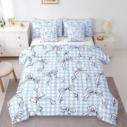 Feelyou Kawaii Bow Bedding Set for All Season Plaid Girls Bow 7 Pieces Comforter Sets Queen Size Teens Room Decor Cute Bowknot Bed in a Bag with Comforter, Sheets, Pillowcases & Cushion Cover
