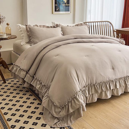 AIKASY Taupe Comforters Twin Size Set, Vintage Boho Chic Farmhouse Bedding Sets Shabby Ruffle Queen Bed Comforter Bedding 3PCS（1 Comforter and 2 Pillowcases）
