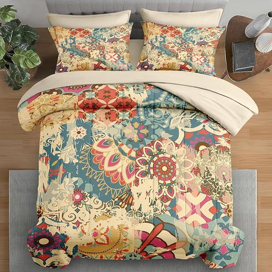Comforter Set Twin Size, Vintage Colorful Flower 5 Pcs Bedding for Kids and Adults, Floral Retro Beige Bed Sheet Sets with Fitted Sheet Pillowcase & Sham for Bedroom Bed Decor