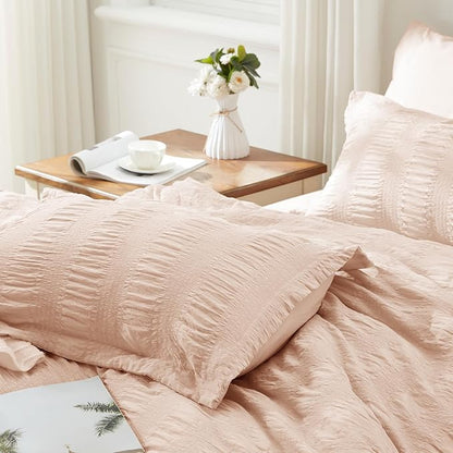 Zzlpp Full Comforter Set 7 Pieces, Pink Seersucker Bed in a Bag with Comforter and Sheets, All Season Bedding Sets with 1 Comforter, 2 Pillow Shams, 2 Pillowcases, 1 Flat Sheet, 1 Fitted Sheet