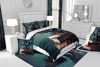 Manfei Kawaii Dragon Bedding Comforter Sets Toddler,Cute Little Dragon Reading Books Bedding Set for Bedroom Decoration,Green Grids Geometric Checker with 1 Comforter and 1 Pillow Case Bedroom Decor