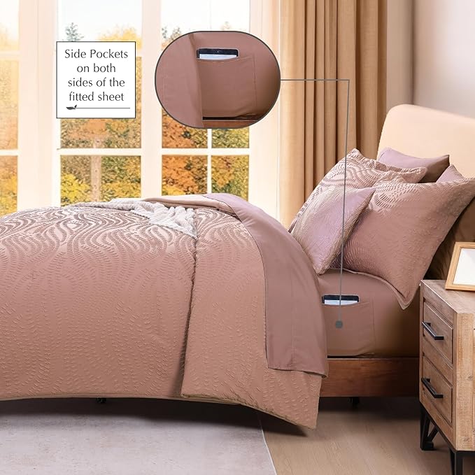 Geniospin Queen Comforter Set - 7 Pieces Dusty Pink Bedding Set, Botanical Textured Comforter Bed Set, All Season Lightweight Bed in a Bag with Comforter, Sheets, Pillowcases & Shams