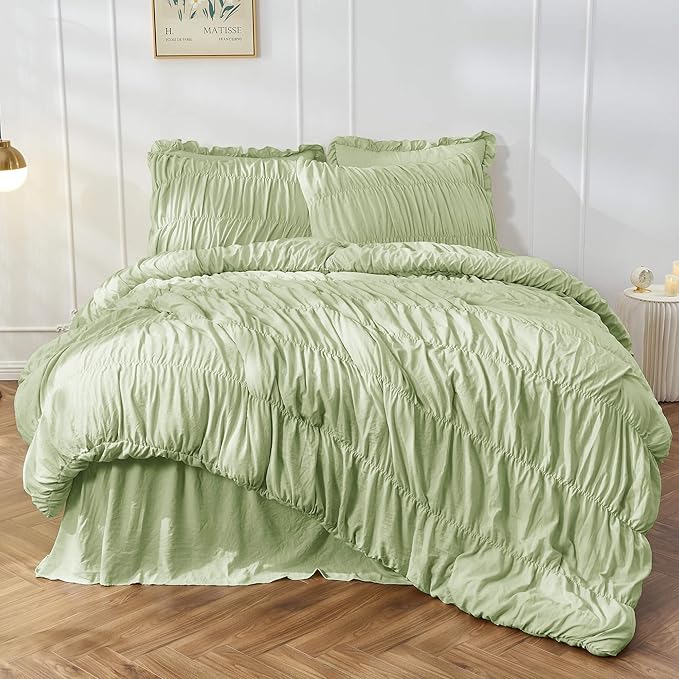 Bonlino King Size Comforter Set Bedding - Ruched Sage Green Comforter King Bed Set Boho Shabby Chic Bedding for Bedroom Comforter Fluffy 3 Piece Ruffle Comforter Set Green Luxury Bedding