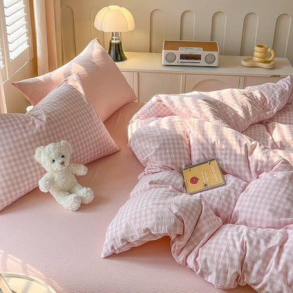 mixinni Gingham Comforter Set Full Size - 3 Piece Light Pink Plaid Farmhouse Bedding, Soft Washed Cotton All-Season Comforter & Pillow Shams, Grid Pattern Classic Style for Boys Girls