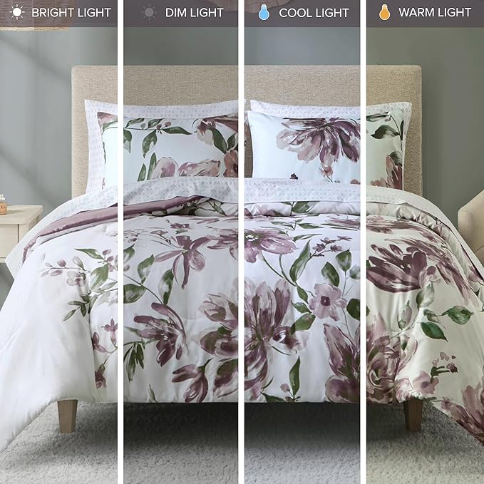 Madison Park King Comforter Set with Sheets, Floral Print, Microfiber Comforter, Shabby Chic Bed in a Bag Set Diamond Printed Sheet, Alice, King Mauve 7 Piece
