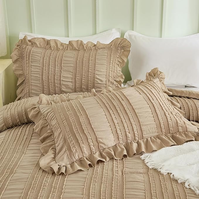 WONGS BEDDING Khaki Comforter Set King,3 Pieces Ruffle Farmhouse Shabby Chic Comforter for King Bed,Soft Textured Boho Bedding Set with 1 Ruffle Comforter,2 Tufted Pillowcases 104"×90"
