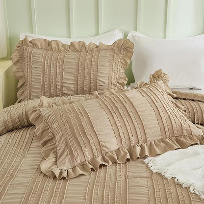 WONGS BEDDING Khaki Comforter Set King,3 Pieces Ruffle Farmhouse Shabby Chic Comforter for King Bed,Soft Textured Boho Bedding Set with 1 Ruffle Comforter,2 Tufted Pillowcases 104"×90"