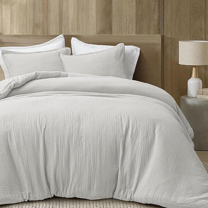 PHF Cotton Muslin Comforter Set King – 100% Cotton Cover, Ultra Soft & Breathable, 3PCS Lightweight All-Season Bedding with Polyester Fill, 1 Comforter 104"x90" & 2 Pillow Shams 20"x36", Light Grey