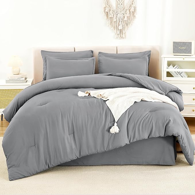 Litanika California King Comforter Set Medium Gray - 7 Pieces Bed in a Bag Cal King Bedding Comforter Sets, Plain Lightweight Bed Set with Comforter, Sheets, Pillowcases & Shams