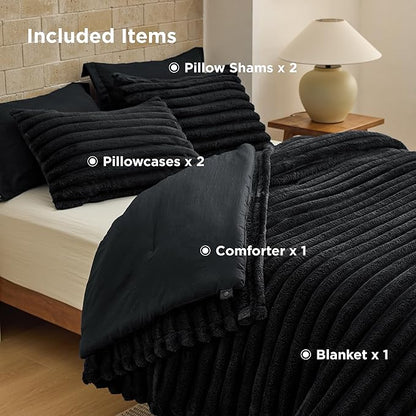 Bedsure Gentlesoft™ 2-in-1 King Size Comforter Set and Detachable Fluffy Blanket, Black Bedding Set for All Season Use, SnapTech™ Design for Space Saving (Includes 2 Pillow Shams, 2 Pillowcases)
