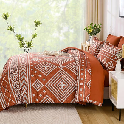 Yiran Burnt Orange King Comforter Set, 7 Piece Terracotta Boho Bedding Set, Geometric Bed in a Bag King, Soft Microfiber Bohemian Striped Complete Bedding Set with Sheets for All Season