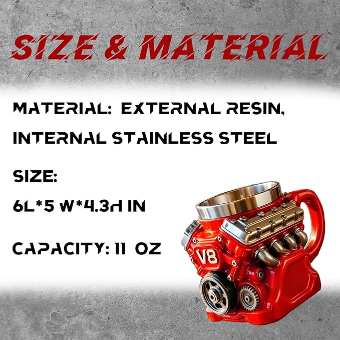 V8 Engine Coffee Mug, V8 Coffee Mug for Car Enthusiast, V8 Engine Mug Stainless Steel Cup Creative Design Decoration (Red)