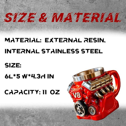 V8 Engine Coffee Mug, V8 Coffee Mug for Car Enthusiast, V8 Engine Mug Stainless Steel Cup Creative Design Decoration (Red)