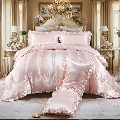 Satin King Comforter Set Silk Like Satin Bedding Set 4 Pcs Hotel Soft Polyester Pink Bed Set Luxury Silky Body Pillow Cover Ruffle Down Comforter Home Decor
