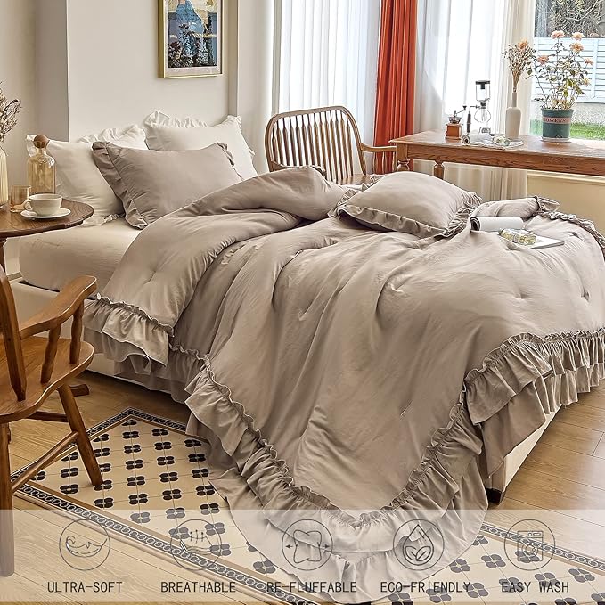 AIKASY Taupe Comforters Queen Size Set, Vintage Boho Chic Farmhouse Bedding Sets Shabby Ruffle Queen Bed Comforter Bedding 3PCS（1 Comforter and 2 Pillowcases）
