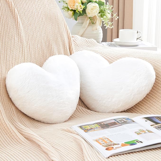 2 Pcs White Heart Pillow,Cute Heart Shaped Pillow Plush Heart Throw Pillow Set for Bed Livingroom Sofa Home Decor Girls Women Valentine (mini-12.9"x9.8")