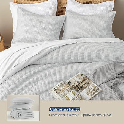 David's Home Waffle Weave Comforter Set 3PCS California King Size, Soft Breathable Lightweight Cozy Skin-Friendly Warm for All Season, Aesthetic Home Decor Bedding Set with Pillow Shams, Light Grey