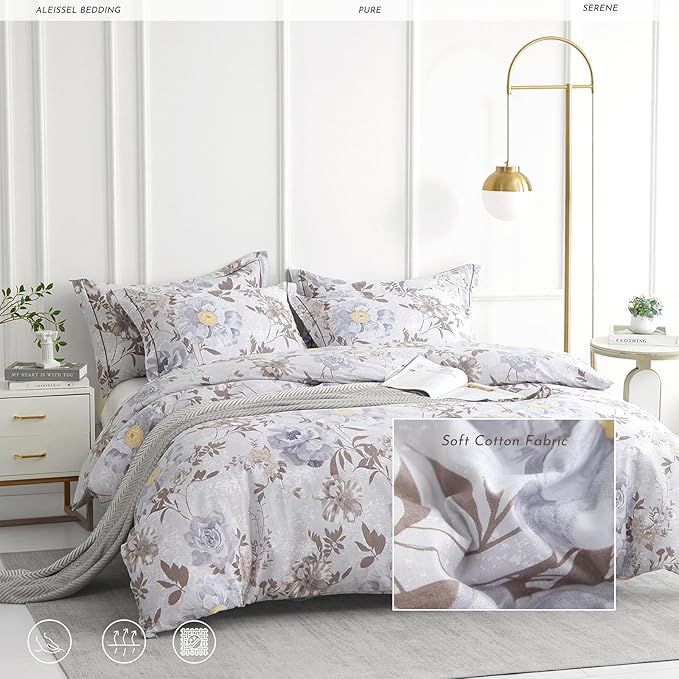 Luxurious Cotton 3pcs Floral Comforter Sets Queen Size - Light Gray Comfoter with Bluish Gray & Taupe Floral and Botanical Prints, Vintage Lightweight Bedding Sets(Queen 90"×90")