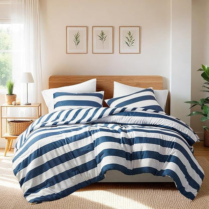 Reversible Striped Queen Comforter Set, Soft Microfiber Bedding Set with Double-Sided Stripes Design, Warm & Cozy for All-Seasons, 3-Piece Comforter and Shams Set Queen Size, Navy