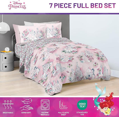 Jay Franco Kids Comforter Set Includes Sheets and Pillow Covers - Soft and Cozy Bed Set for Stylish Room Decor, Pink - Disney Princess, 7 Piece Full Bedding
