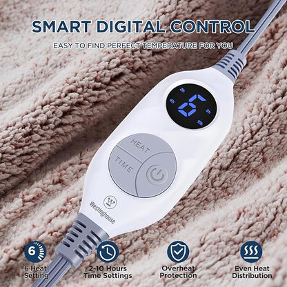 Westinghouse Electric Blanket Throw Size, Soft Plush Sherpa Heated Blanket with 6 Heating Levels & 2-10 Hours Auto-Off, Machine Washable, 50x60 inches, Rust