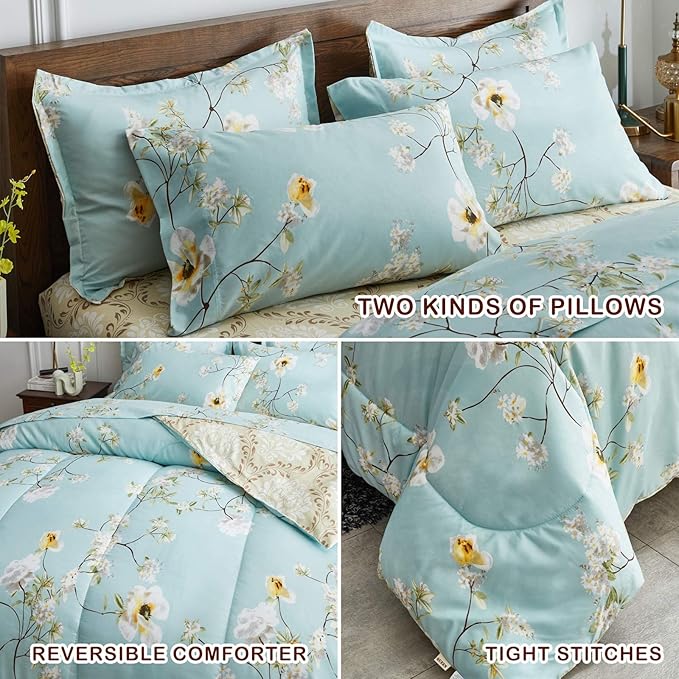 Joyreap 7 Piece Bed in a Bag Queen, Aqua Floral Elegant Design, Smooth Soft Microfiber Comforter Set (1 Comforter, 2 Pillow Shams, 1 Flat Sheet, 1 Fitted Sheet, 2 Pillowcases)