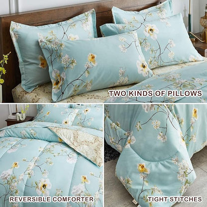 Joyreap 7 Piece Bed in a Bag Queen, Aqua Floral Elegant Design, Smooth Soft Microfiber Comforter Set (1 Comforter, 2 Pillow Shams, 1 Flat Sheet, 1 Fitted Sheet, 2 Pillowcases)