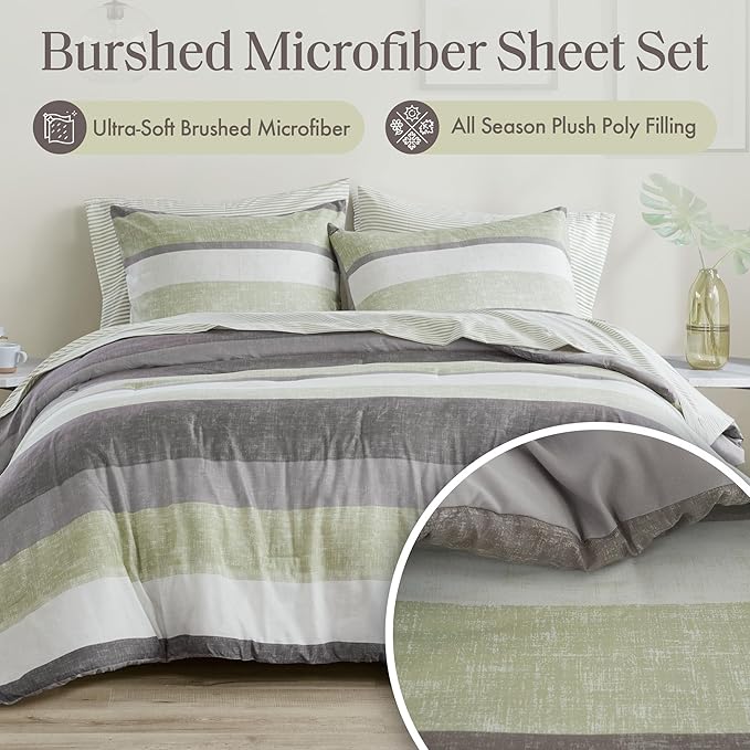 Madison Park Essentials Jaxon Twin Comforter Set, Bed in A Bag Comforter & Sheet Set, Modern Casual Stripes Print, All Seasons, Soft Bedding Makeover, Matching Sham, Twin Green/Grey 5 Piece