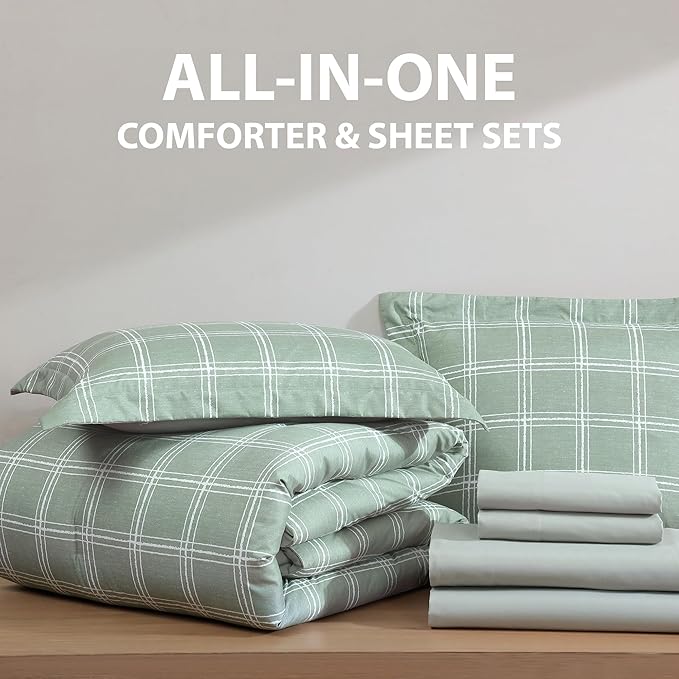 Cathay Home Basic Bedding Home Essential Ultra Soft Lightweight 7PC Wrinkle Resistant Microfiber Bed in a Bag Set (Includes Complete Sheet Set & Comforter Set) - Green Plaid, Queen