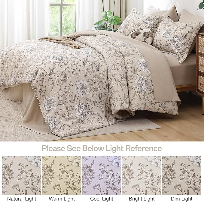 Yiran 7 Piece Bed in a Bag Queen Size Comforter Set Beige White Floral Bedding Set,Leaves Botanical Soft Microfiber Comforter with 2 Pillowcases 2 Pillow Shams 1 Flat Sheet 1 Fitted Sheet 90"×90"