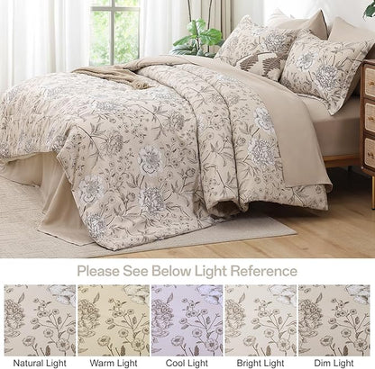 Yiran 7 Piece Bed in a Bag Queen Size Comforter Set Beige White Floral Bedding Set,Leaves Botanical Soft Microfiber Comforter with 2 Pillowcases 2 Pillow Shams 1 Flat Sheet 1 Fitted Sheet 90"×90"