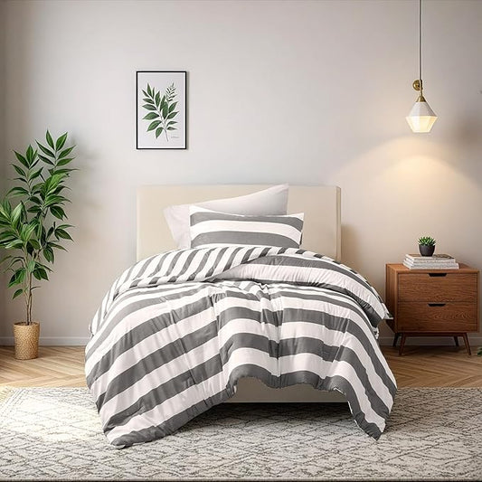 Reversible Striped Twin Comforter Set, Soft Microfiber Bedding Set with Double-Sided Stripes Design, Warm & Cozy for All-Seasons, 2-Piece Comforter and Sham Set Twin Size, Charcoal