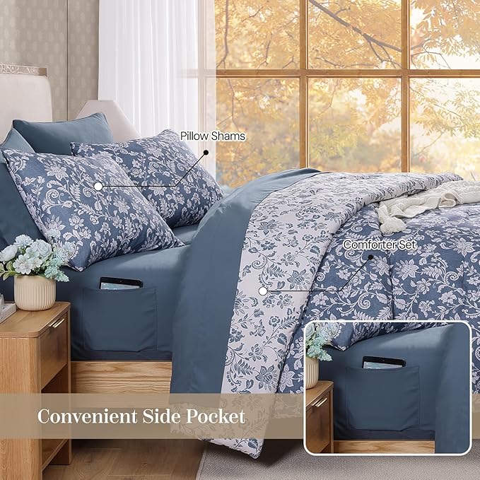 Full Comforter Set -7 Pieces Floral Oxford Blue Comforter Set for All Seasons, Bed in a Bag Full with Botanical Flowers Comforter, Sheets, Pillowcases & Shams