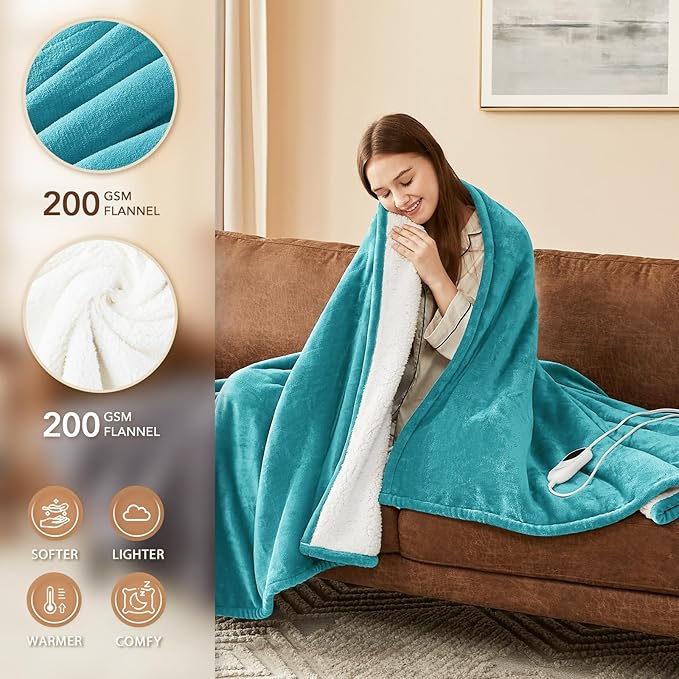 Homemate Electric Heated Blanket King Size - 100"x90" Heating Blanket King Size Dual Control 1/2/4/6/8 Hours Auto-Off 10 Heat Level Over-Heat Protection Flannel Sherpa ETL Certification